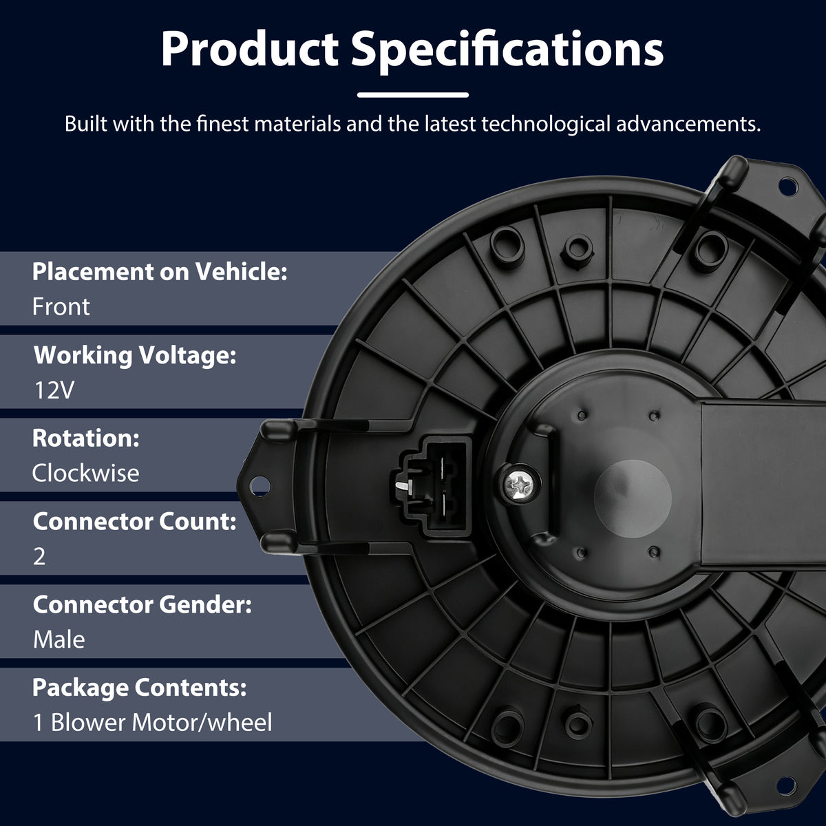 Vypart 700203 HVAC blower motor bottom view and specifications: front placement, 12V, clockwise rotation, 2-pin male connector
