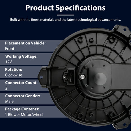 Vypart 700203 HVAC blower motor bottom view and specifications: front placement, 12V, clockwise rotation, 2-pin male connector