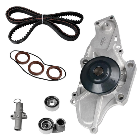 Complete 8-in-1 timing belt kit with water pump, timing belt, tensioner, idler pulley, and seals for Honda, Acura, and Saturn V6 models on a white background