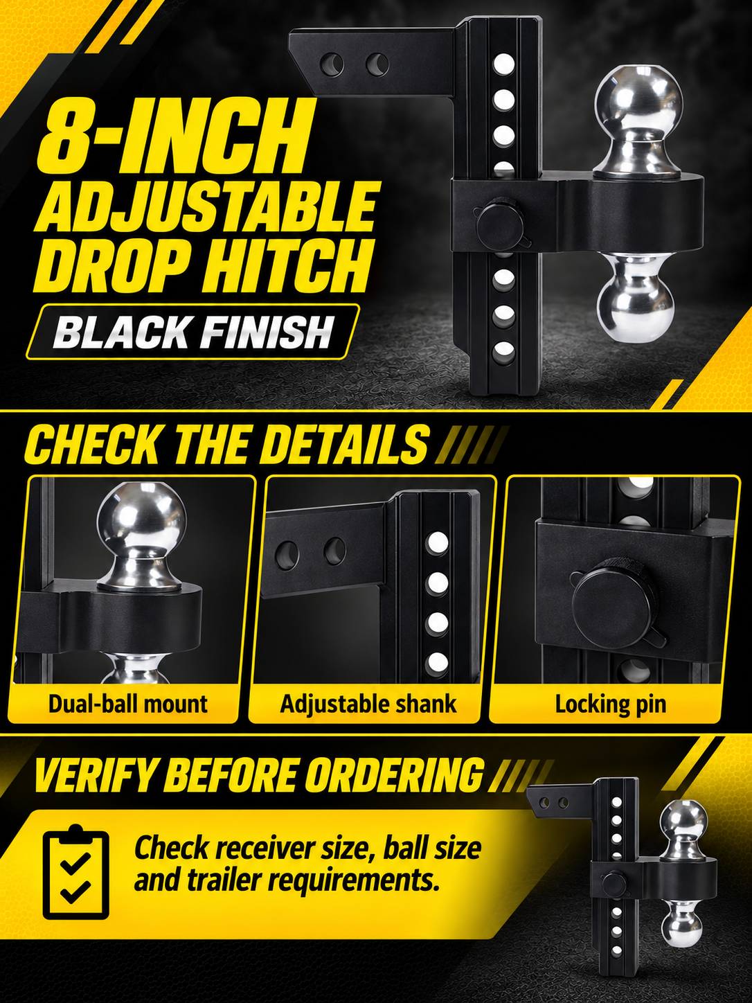 Vypart black 8-inch adjustable dual-ball drop hitch A+ guide showing ball mount, adjustment holes, locking pin and ordering checks