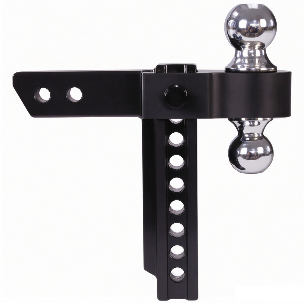 Demonstration showing the hitch adjusted to different drop heights within the full 8-inch range