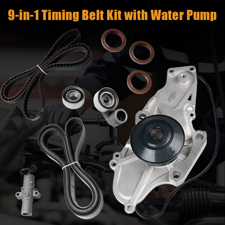 Full timing belt service kit laid out against auto repair workshop background for engine maintenance replacement