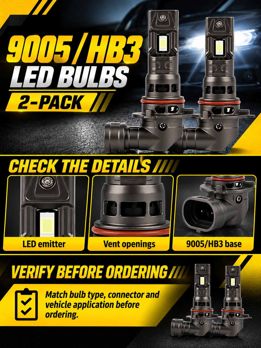 Vypart 9005 HB3 LED bulbs 2-pack A+ guide showing LED emitter, vent openings, base and bulb type check