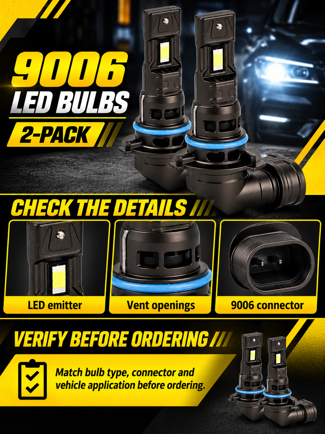 Vypart 9006 LED bulbs 2-pack A+ guide showing LED emitter, vent openings, connector and bulb type check