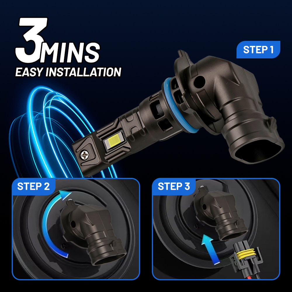 Beam pattern demonstration showing the intense, clear 6500K cool white light output of the Vypart 9006 Super Bright Mini Turbo LED bulb in a dark environment