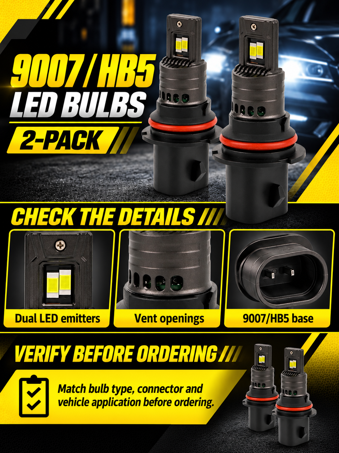 Vypart 9007 HB5 LED bulbs 2-pack A+ guide showing dual LED emitters, vent openings, base and bulb type check