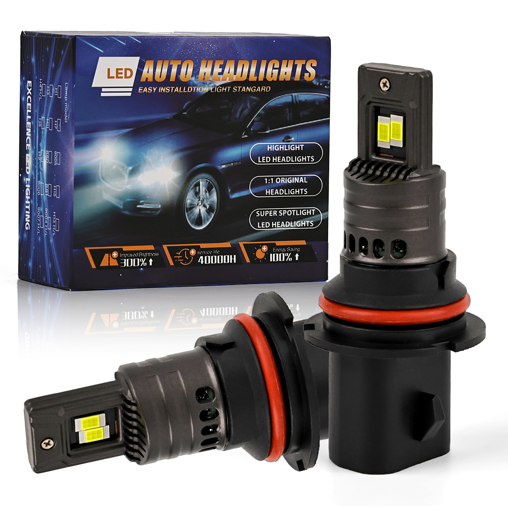 Complete product layout of the Vypart 9007/HB5 LED Bulbs (Pack of 2), showcasing both bulbs, connectors, and accessories on a neutral background