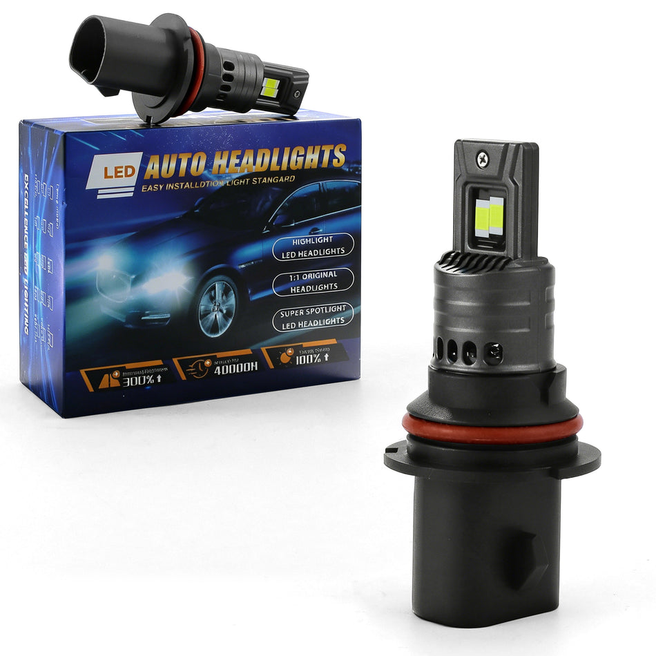 Two Vypart 9007/HB5 LED headlight bulbs with product box on a white background