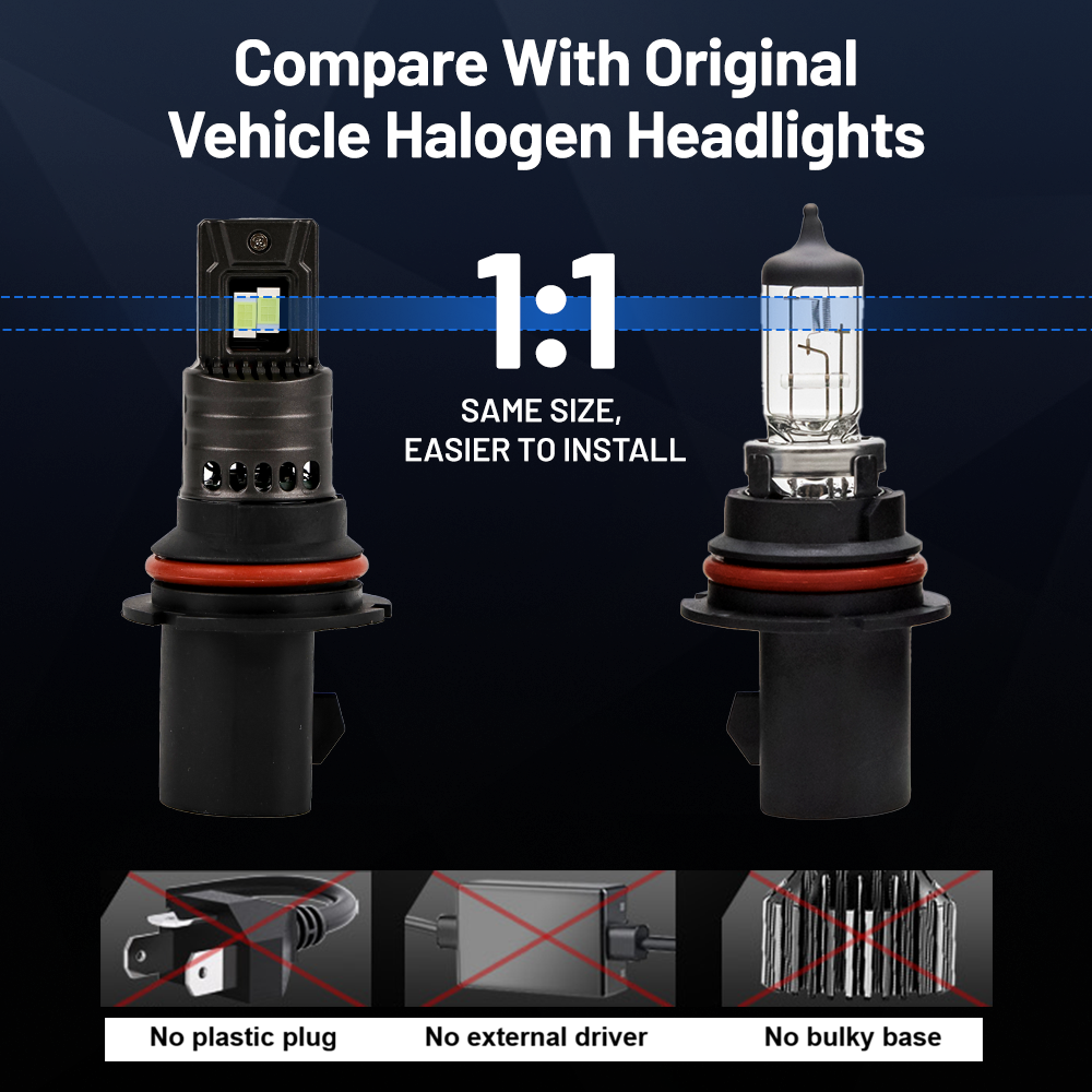 Clear comparison chart or side-by-side image showing the Vypart 9007 LED bulb's size and base, confirming direct fit for HB5/9007 sockets