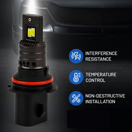 Step-by-step close-up image series demonstrating the simple, tool-free plug-and-play installation process of the Vypart 9007/HB5 LED bulbs