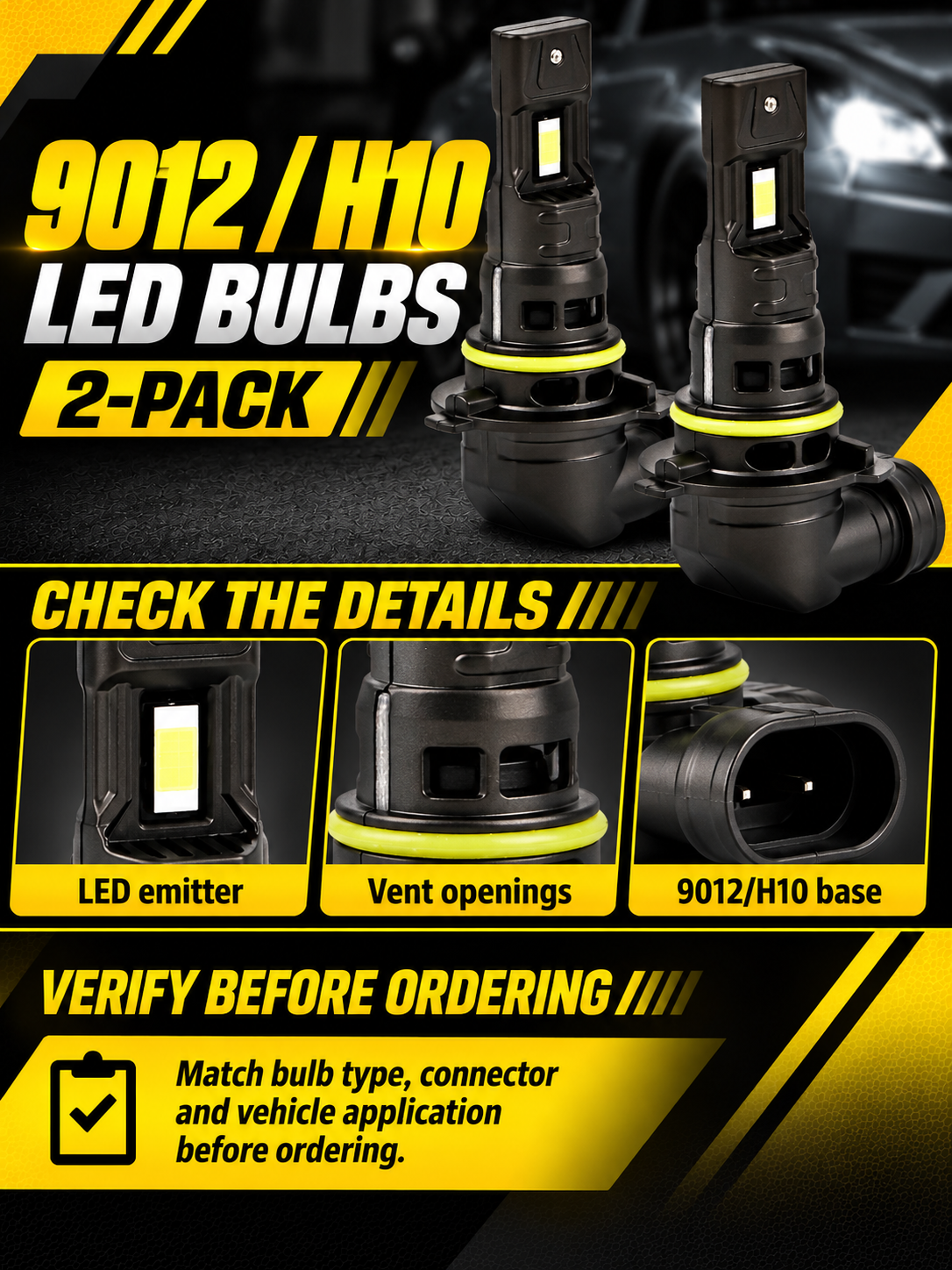Vypart 9012 H10 LED bulbs 2-pack A+ guide showing LED emitter, vent openings, base and bulb type check