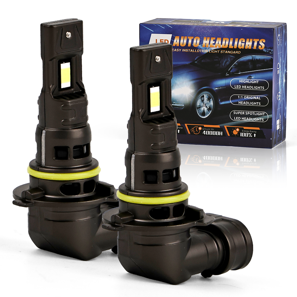 Complete product layout of the Vypart 9012/H10 LED Mini Fog Light Bulbs kit, showcasing the pair of bulbs, aluminum plates, and copper chips on a clean background