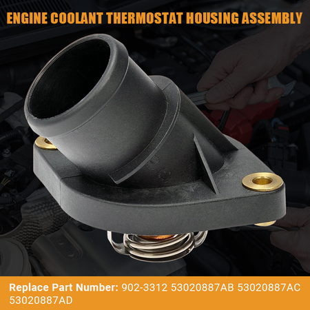 Vypart 902-3312 complete thermostat housing assembly featuring broad OEM interchange compatibility (including 53020887AB, 53020887AC, 53020887AD), ensuring a precise, hassle-free fit and restoring optimal engine temperature control.