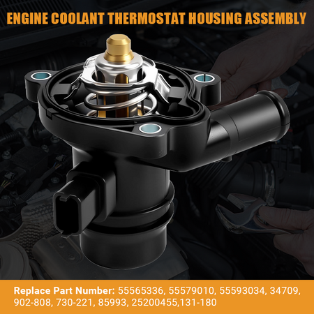Vypart 902-808 complete thermostat housing assembly featuring broad OEM interchange compatibility (including 55565336, 55579010, 902-808, 730-221, 85993, 25200455), ensuring a precise, hassle-free fit and restoring optimal engine temperature control.