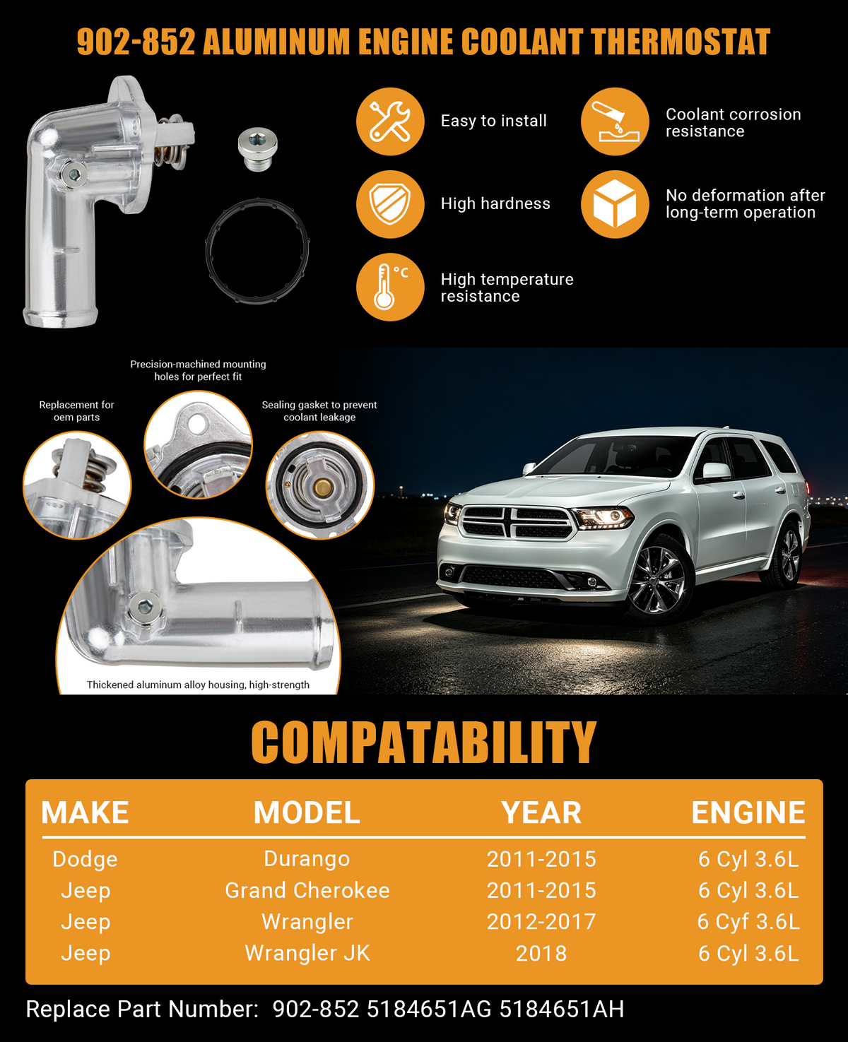 The complete Vypart 902-852 guide featuring component overview, aluminum alloy advantages, strict quality inspections, and fitment for Dodge Durango and Jeep 3.6L V6 models, offering a one-stop solution for engine cooling system repair.
