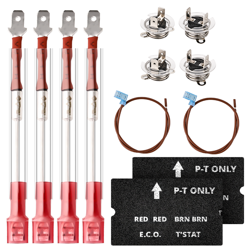 Complete layout of the Vypart 93866 RV Water Heater Thermal Cutoff Replacement Kit, showcasing all components: 4 fuses, 2 copper wires, 2 ECO thermostats, 2 T'STAT assemblies, and 2 black foam covers