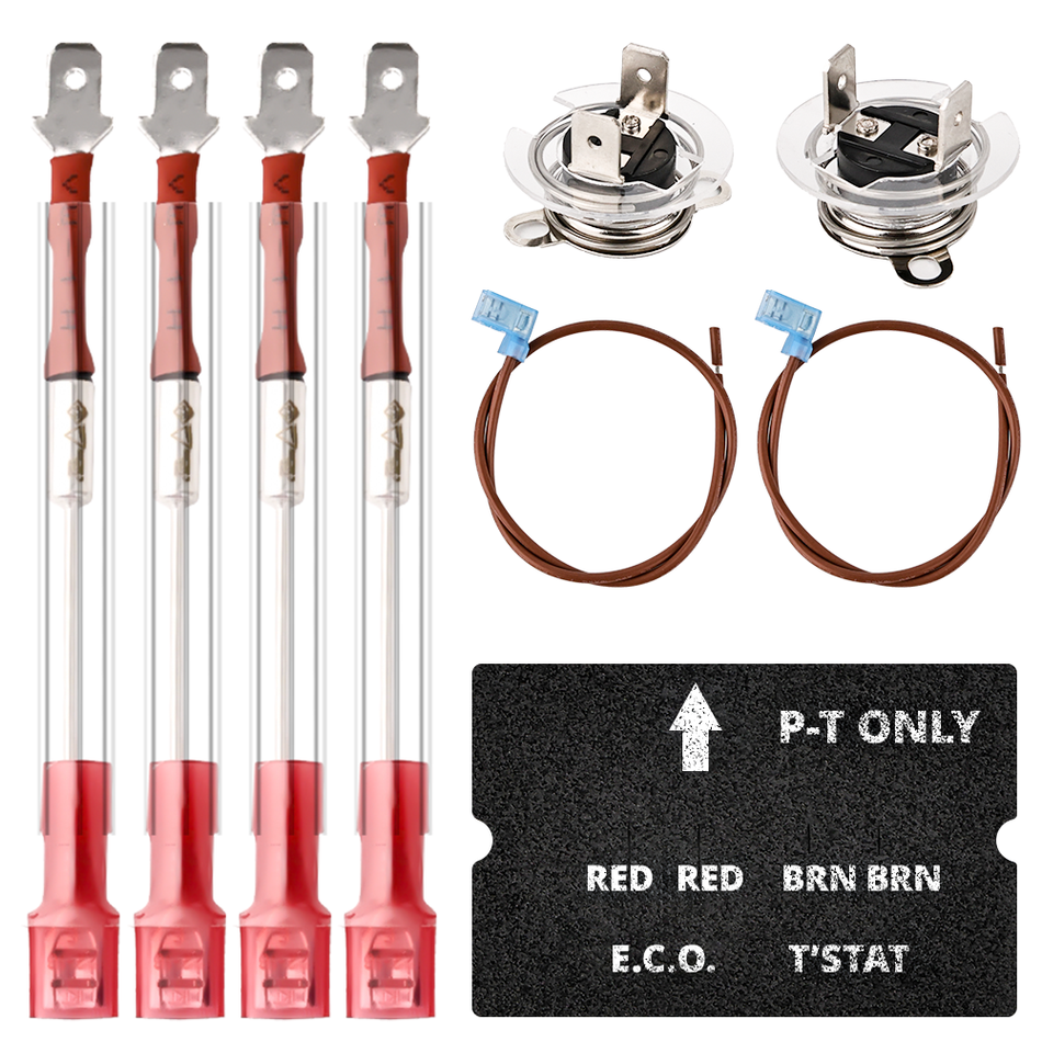 Complete layout of the Vypart 93866 RV Water Heater Thermal Cutoff Replacement Kit, showcasing all components: 4 fuses, 2 copper wires, 1 ECO thermostat, 1 T'STAT assembly, and 1 black foam cover