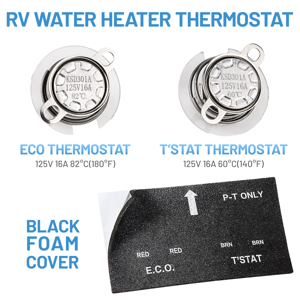 Step-by-step installation guide image showing the kit components arranged in order next to an RV water heater's service area
