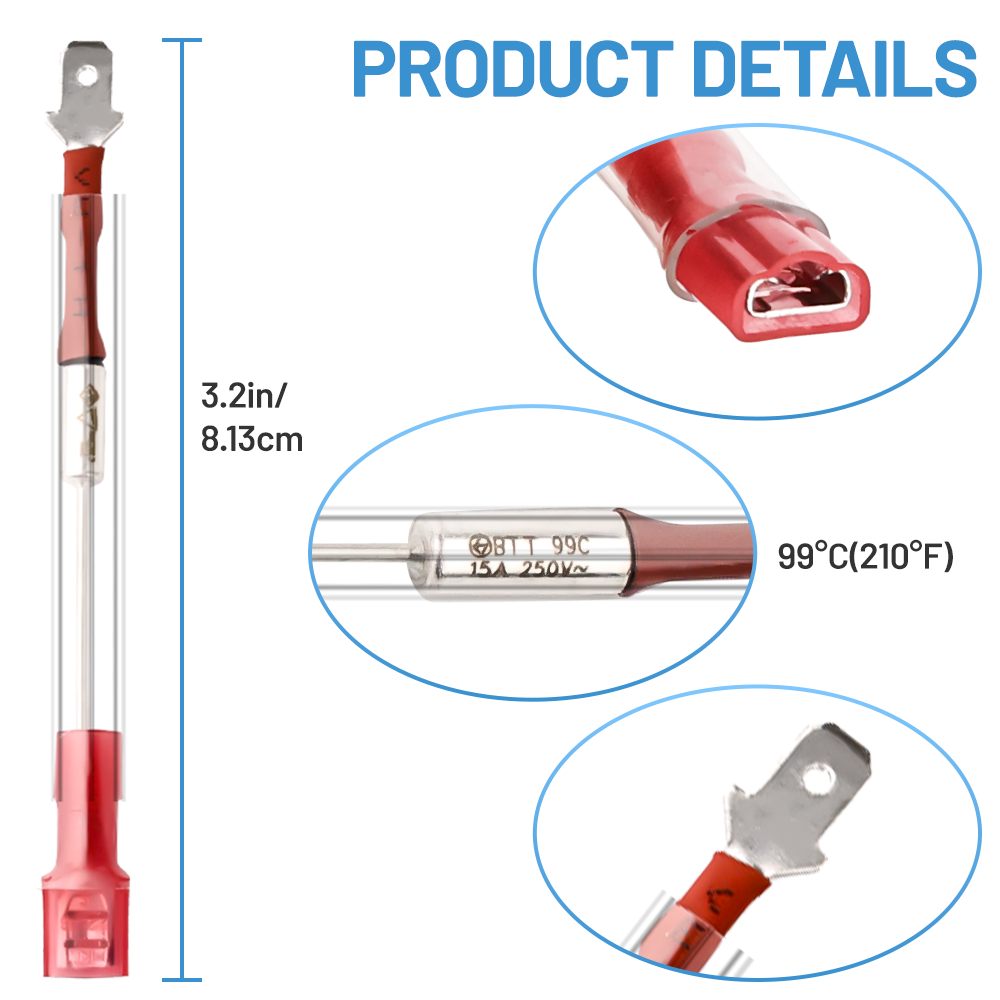 Close-up detail of the two types of thermostat assemblies included: the ECO thermostat and the T'STAT assembly, highlighting their connectors and build quality