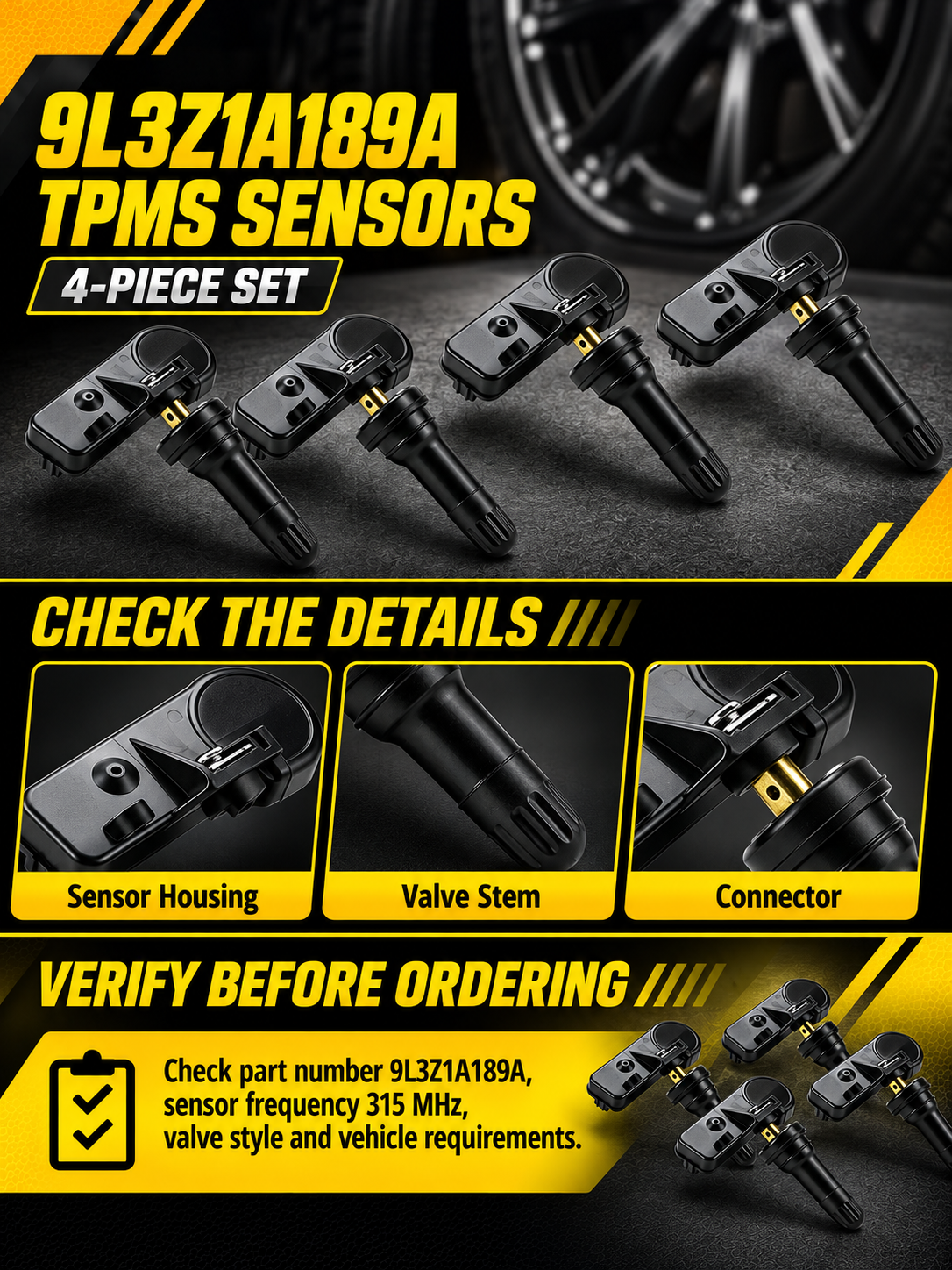 Vypart 9L3Z1A189A TPMS sensors 4-piece set A+ guide showing sensor housing, valve stem, connector and 315 MHz pre-order check
