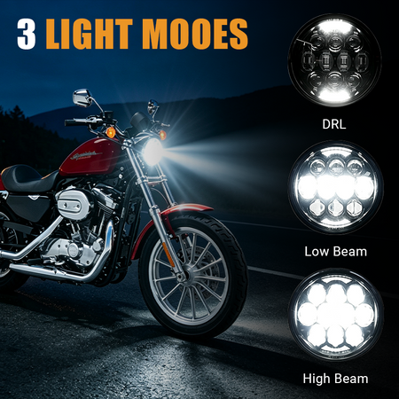 Experience versatile lighting with the Vypart 5.75-inch LED headlight. Features a distinct white DRL halo, powerful low beam, and high beam, offering precise illumination and enhanced safety for night riding.