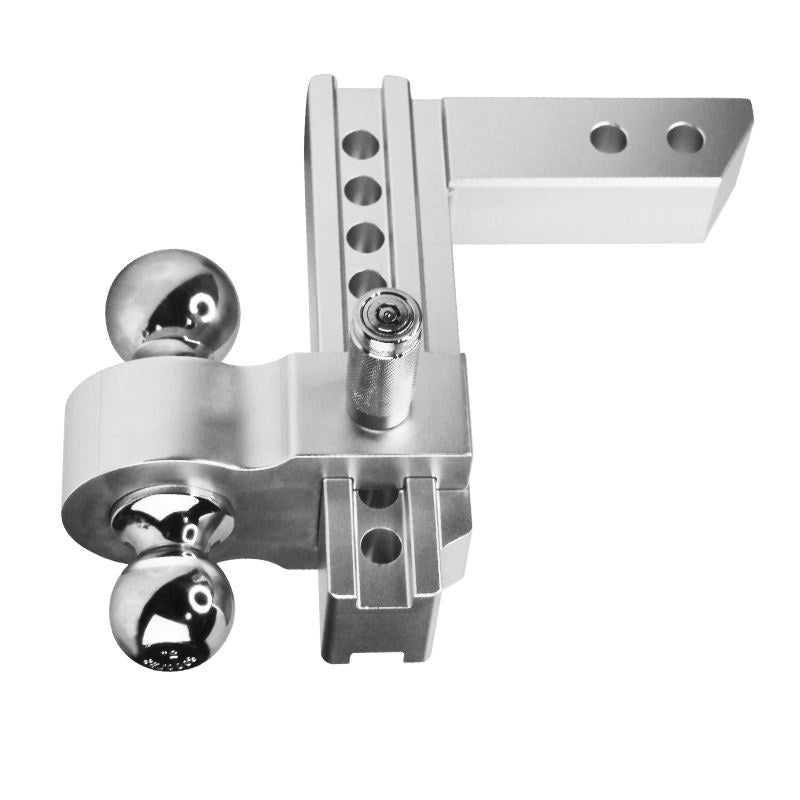 Macro shot highlighting the lightweight aluminum alloy construction and smooth silver finish of the hitch