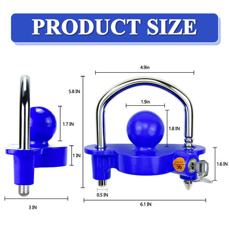 Demonstration image showing the Vypart ball lock fitting 1-7/8", 2", and 2-5/16" coupler sizes side by side