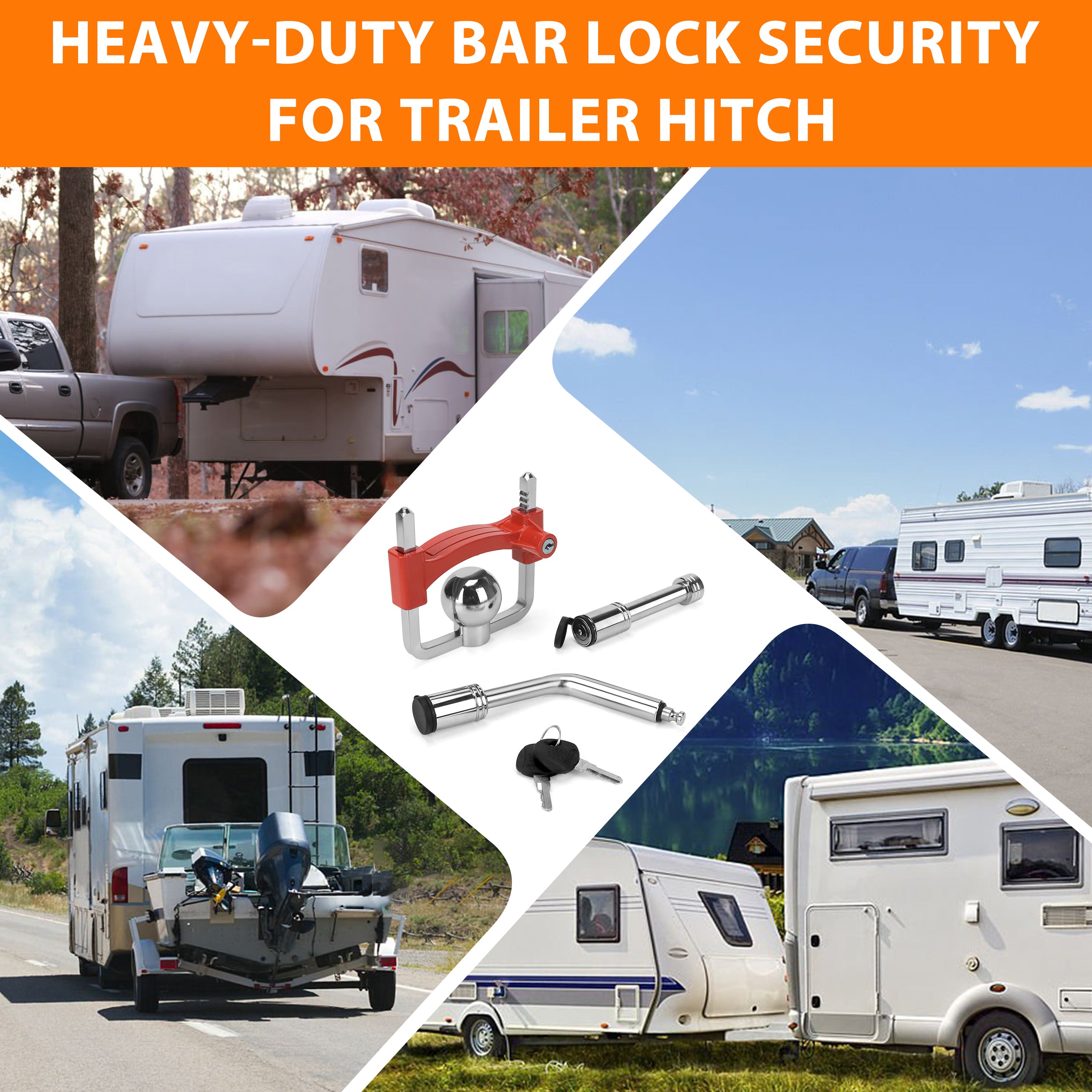 Vypart red shackle bar lock in use securing a travel trailer's hitch, demonstrating real-world anti-theft application