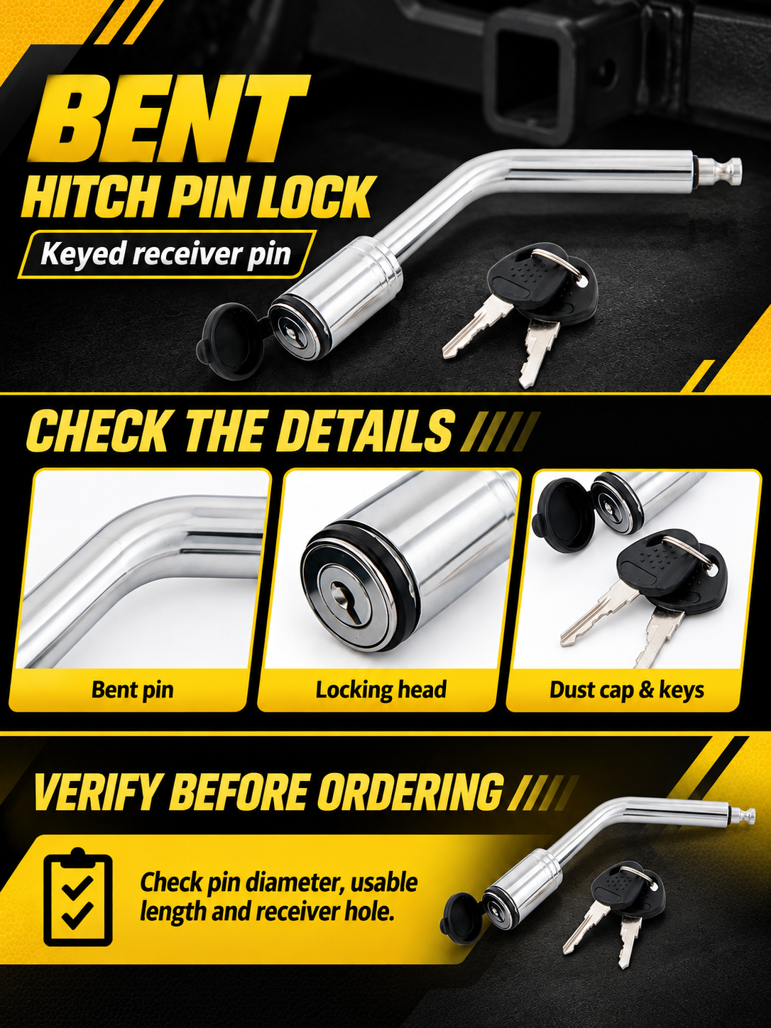 Vypart bent hitch pin lock A+ guide showing silver bent pin, locking head, dust cap, two keys and size check