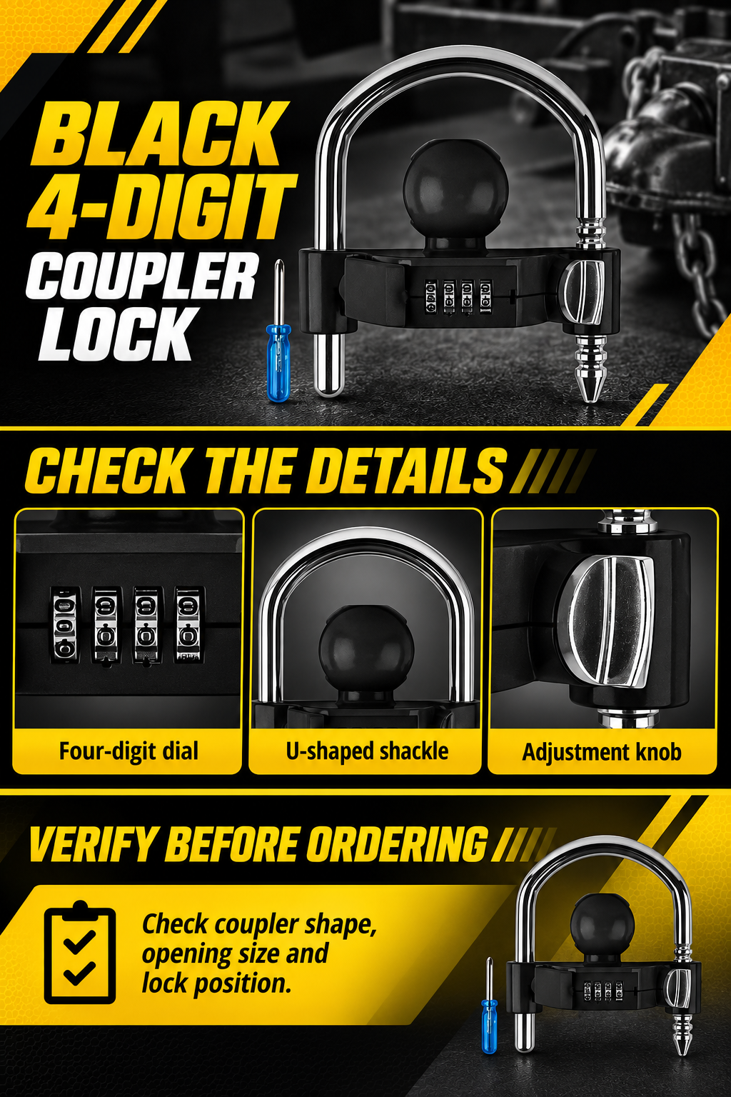 Vypart black four-digit trailer coupler lock A+ guide showing number dial, U-shaped shackle and adjustment knob