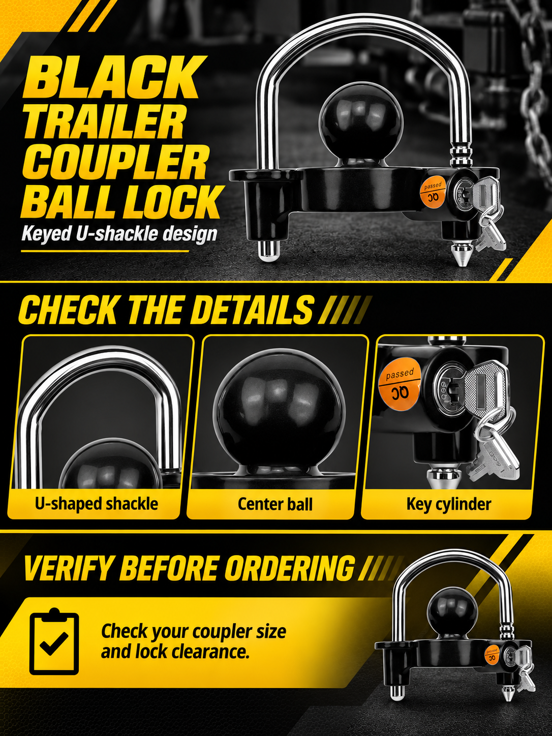 Vypart black trailer coupler ball lock A+ guide showing U-shaped shackle, center ball, key cylinder and fit check