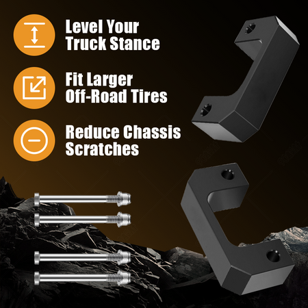 Functional benefits of Vypart Block Front Leveling Lift Kit Suspension Spacers for Silverado, levels truck stance, increases ground clearance, fits larger off-road tires and avoids chassis scraping