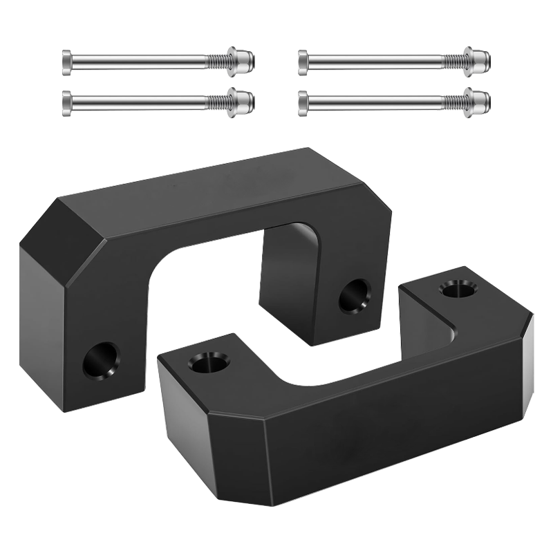 Vypart Block Front Leveling Lift Kit Suspension Spacers for Silverado 15000, a pair of black CNC machined aluminum lift spacers equipped with mounting bolts, isolated product shot on white background
