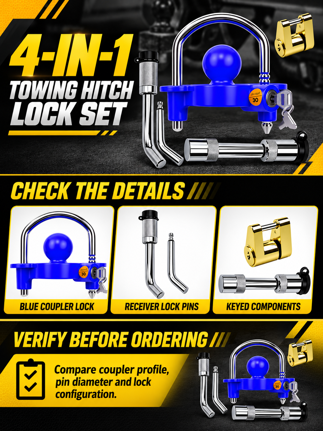 Vypart blue four-in-one towing hitch lock set A+ guide showing coupler lock, receiver pins and keyed components