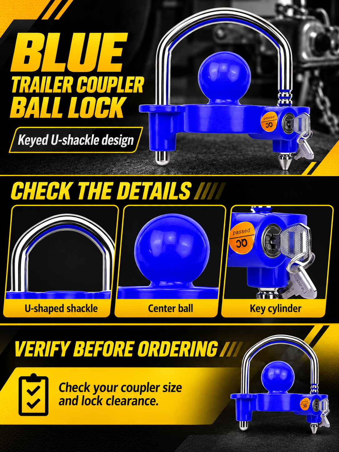 Vypart blue trailer coupler ball lock A+ guide showing U-shaped shackle, center ball, key cylinder and fit check