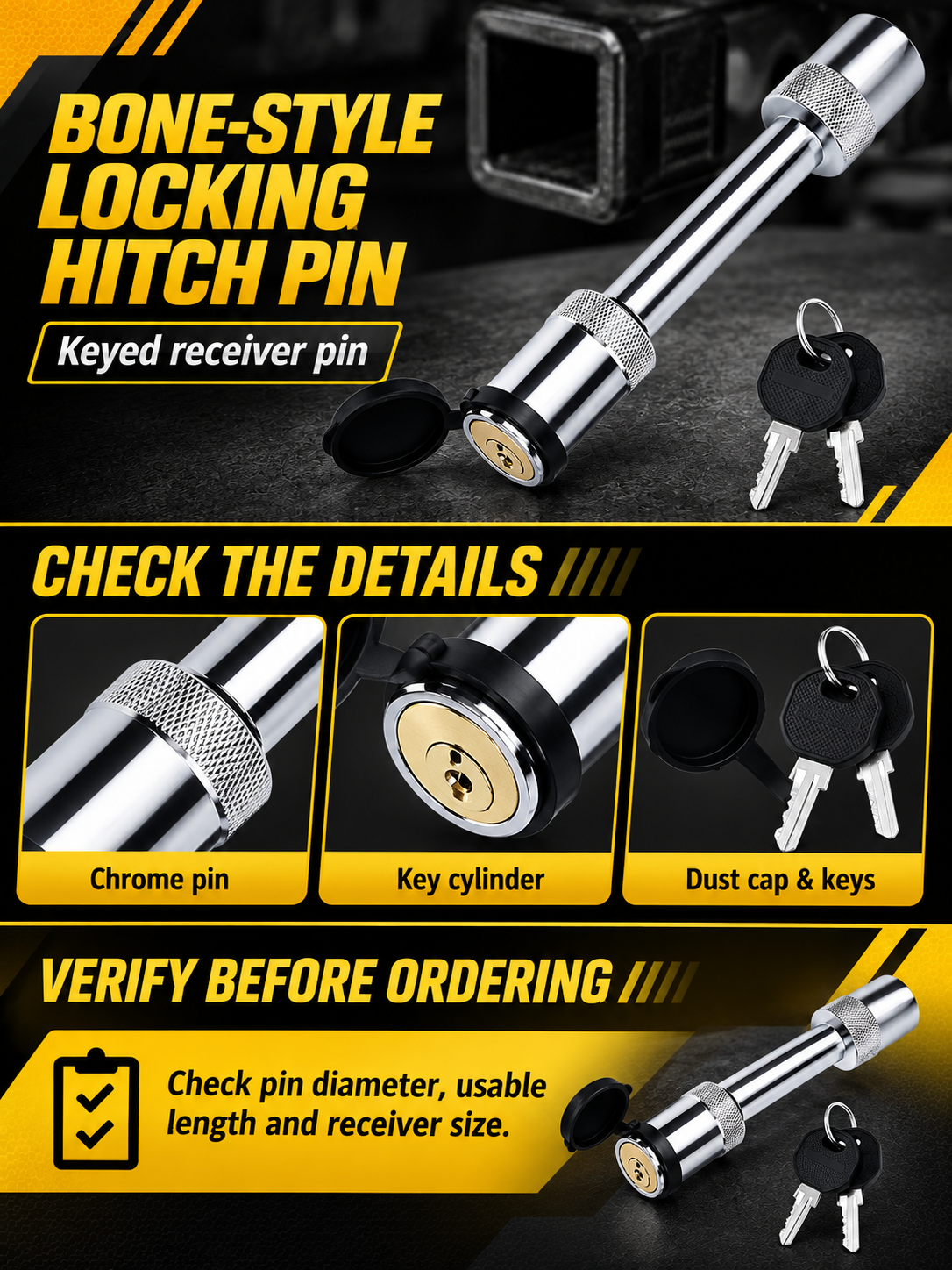 Vypart bone-style locking hitch pin A+ guide showing chrome pin, key cylinder, dust cap, two keys and size check