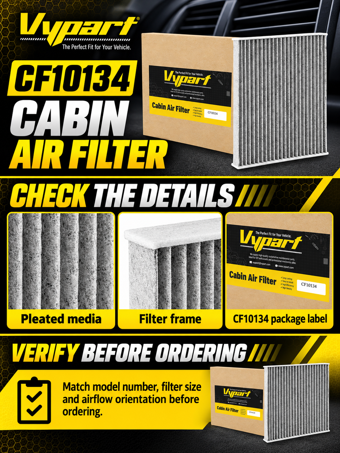 Vypart CF10134 cabin air filter A+ guide showing pleated filter media, frame and part-number check