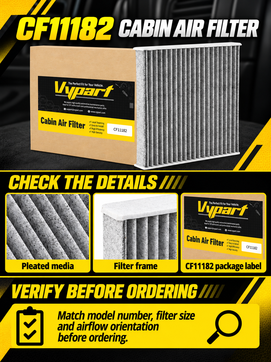 Vypart CF11182 cabin air filter A+ guide showing pleated filter media, frame and part-number check