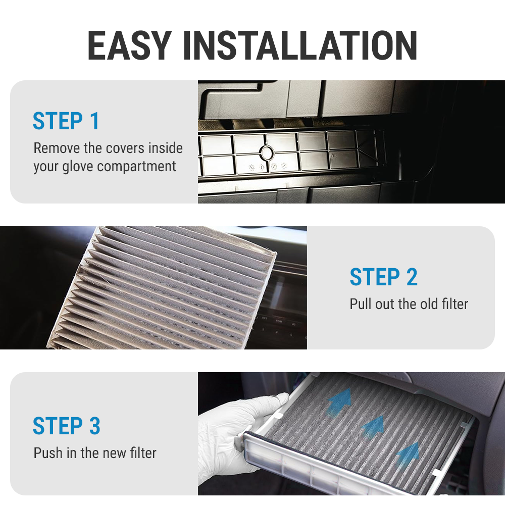 Step-by-step installation diagram for the Vypart CF11182 activated carbon cabin air filter