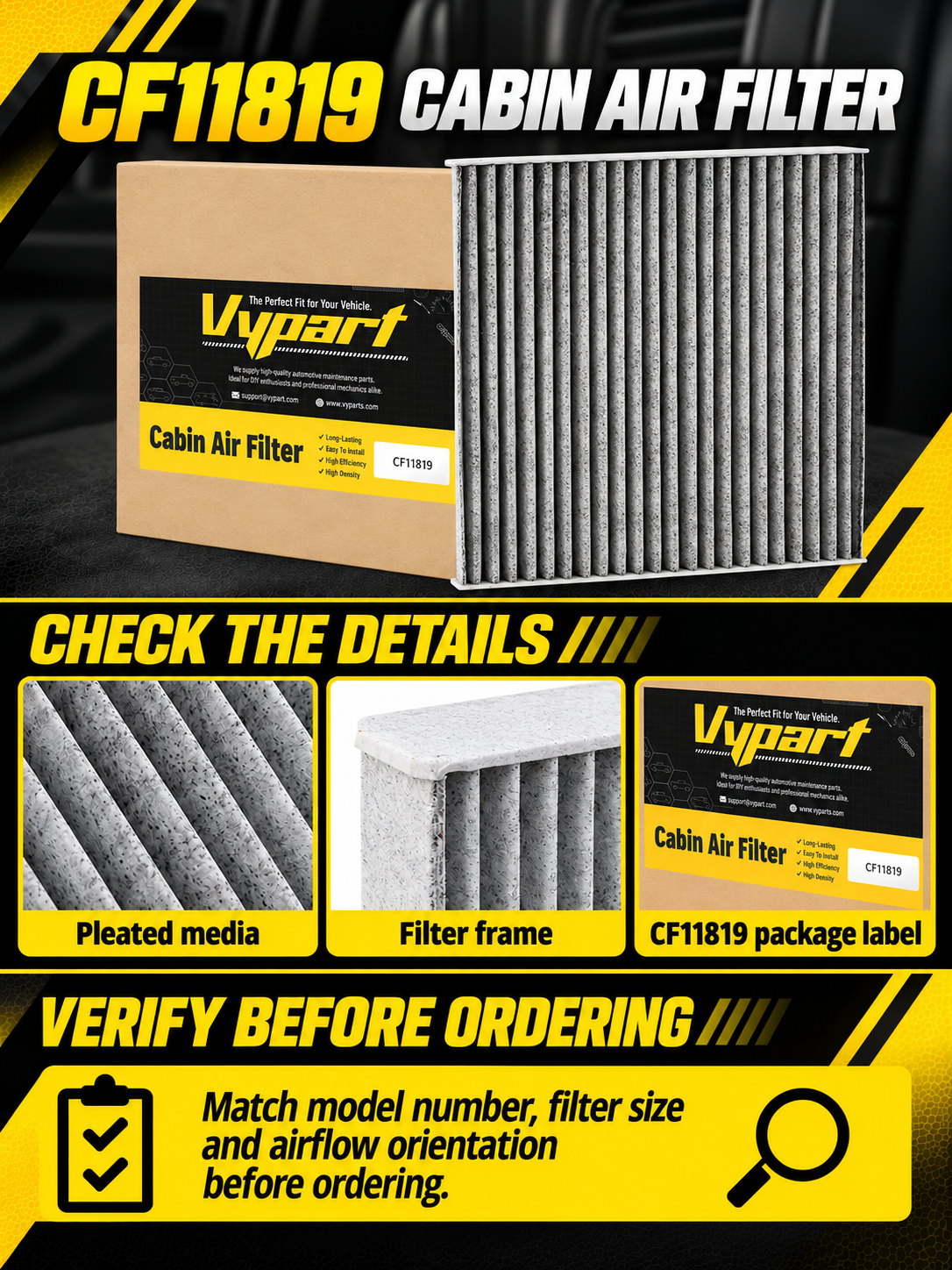 Vypart CF11819 cabin air filter A+ guide showing pleated filter media, frame and part-number check