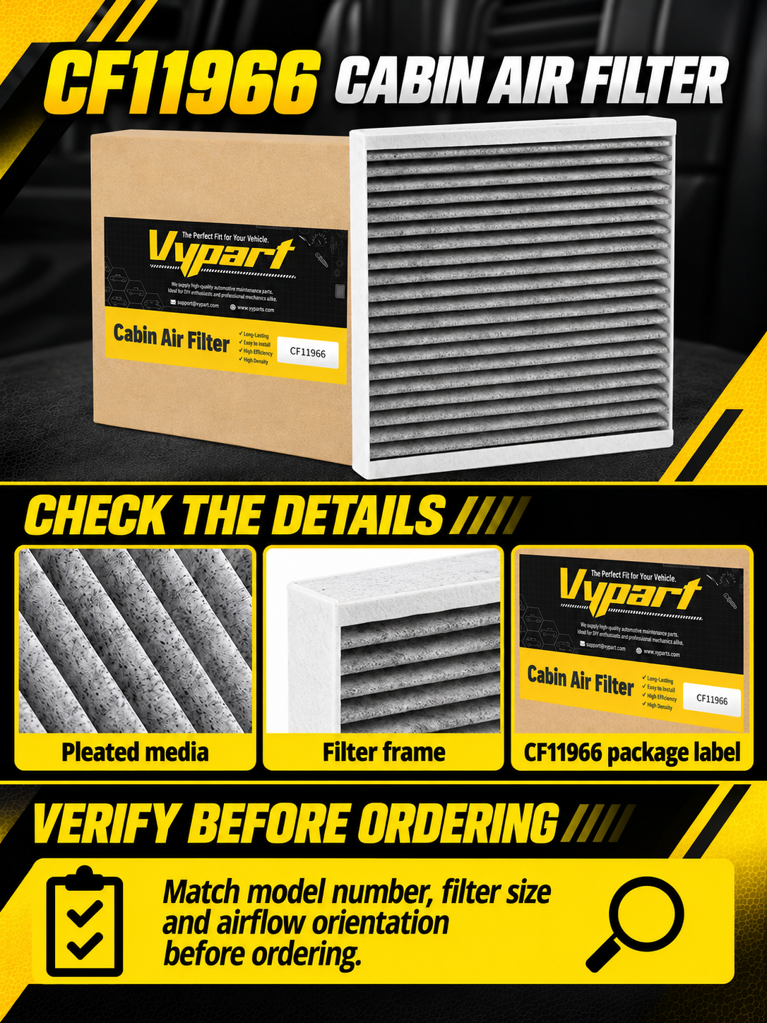 Vypart CF11966 cabin air filter A+ guide showing pleated filter media, frame and part-number check