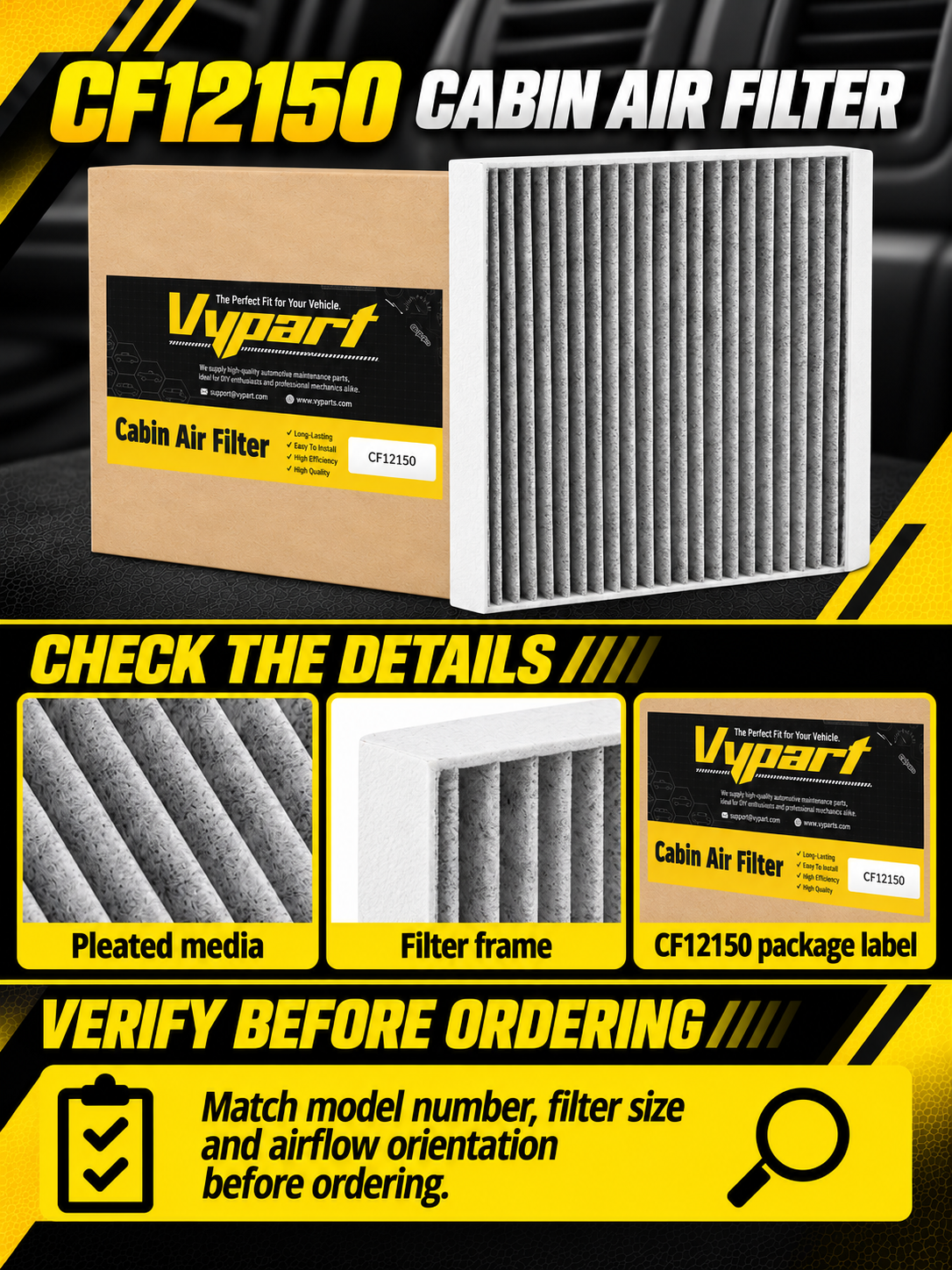 Vypart CF12150 cabin air filter A+ guide showing pleated filter media, frame and part-number check