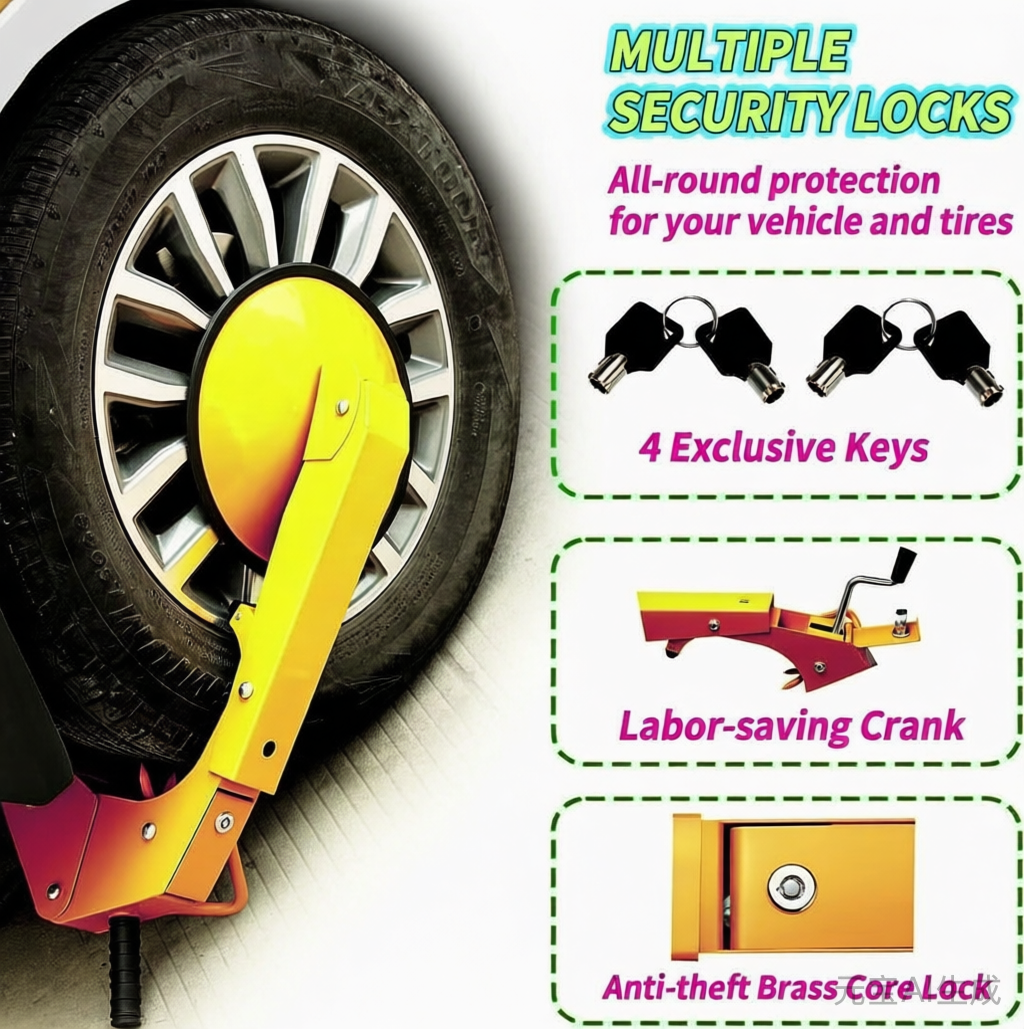 Side-by-side comparison showing Vypart wheel clamp adjusted to fit narrow (155mm) and wide (290mm) wheel widths