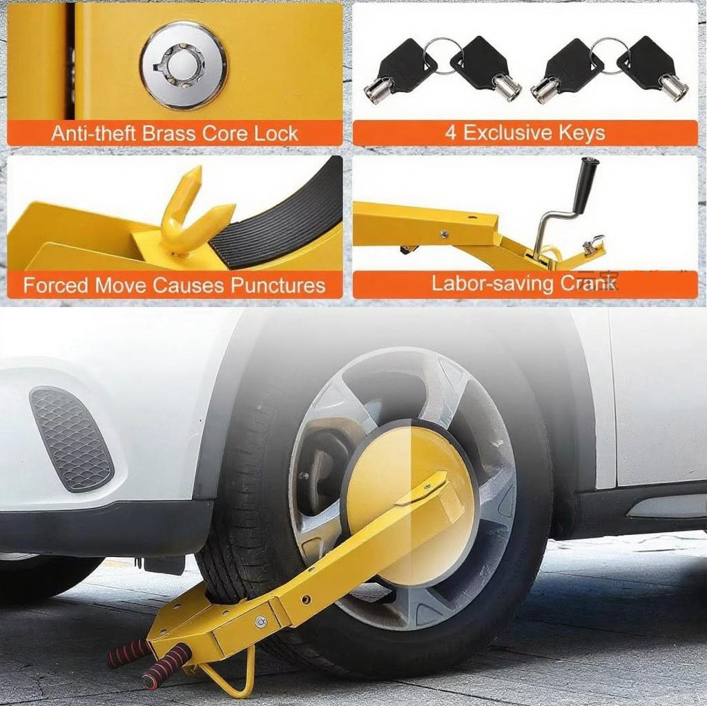 Vypart complete wheel clamp kit packaging, includes the lock, 2 keys, and user manual, ready for use