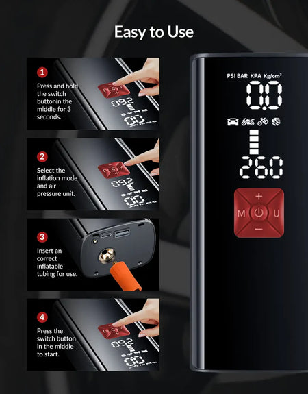 Infographic showing Vypart compressor compatibility with cars, bicycles, motorcycles, and sports balls