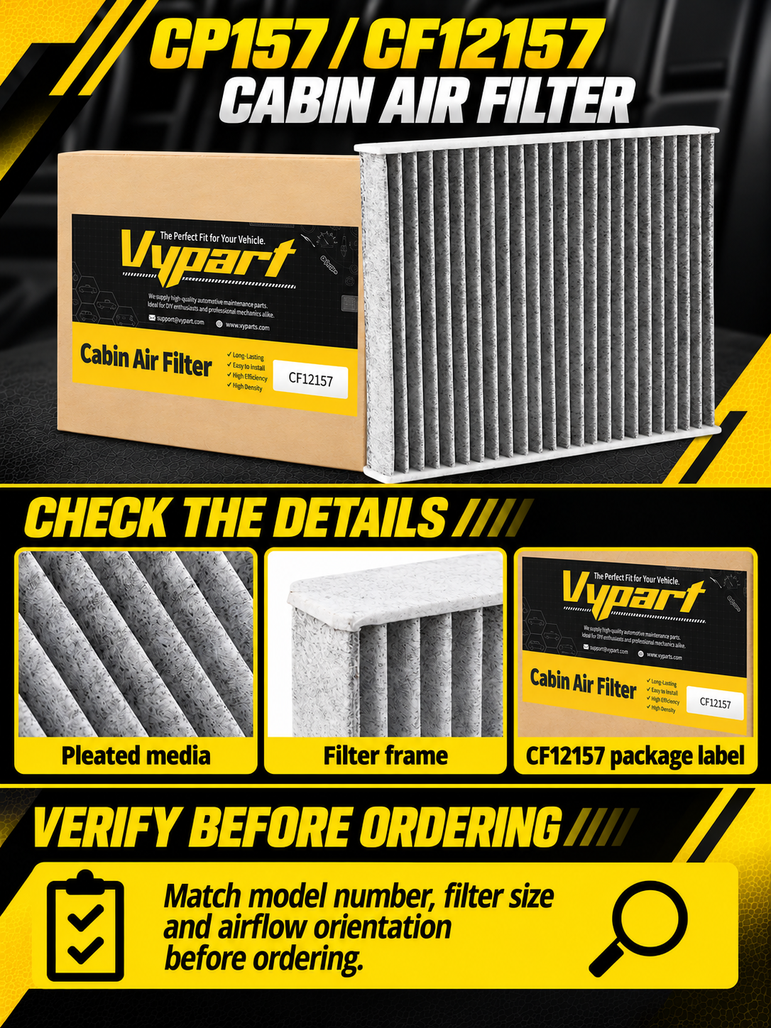 Vypart CP157 CF12157 cabin air filter A+ guide showing pleated filter media, frame and part-number check