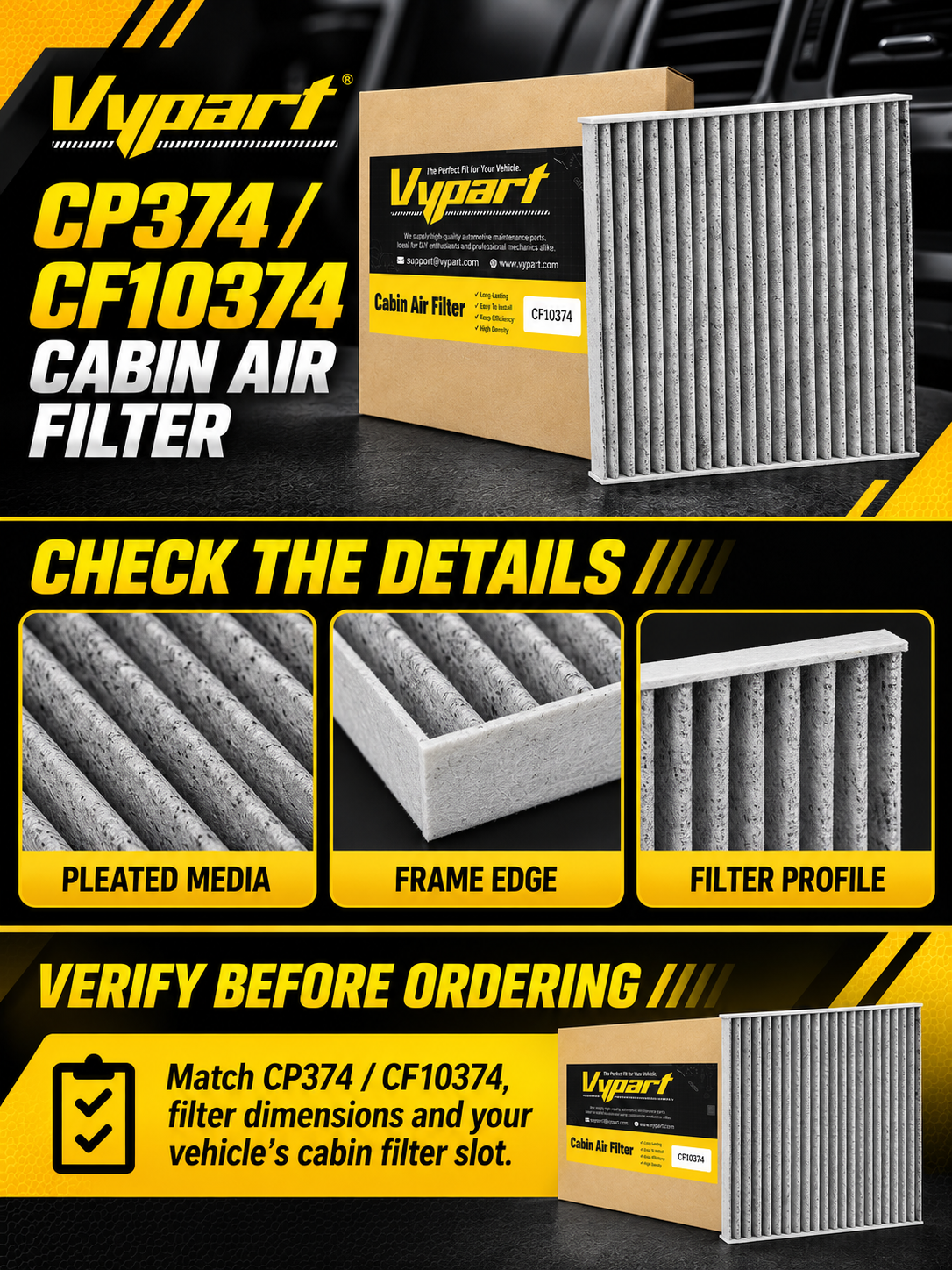 Vypart CP374 CF10374 cabin air filter A+ guide showing pleated media, frame edge and fit check