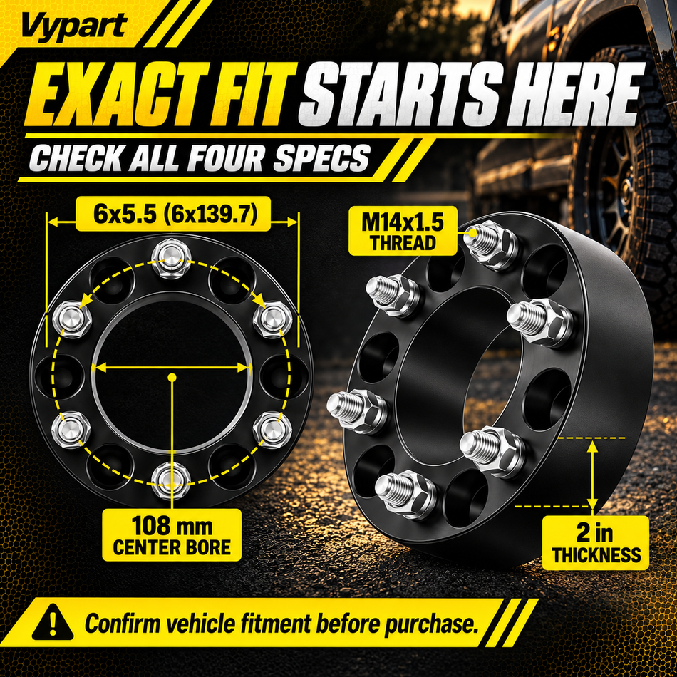 Vypart black 6x5.5 (6x139.7) wheel spacer specifications: 108 mm center bore, M14x1.5 thread and 2-inch thickness