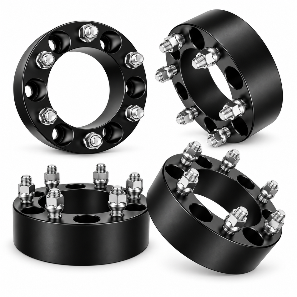 Vypart four-piece black 6x139.7 wheel spacer set with 2-inch thickness and M14x1.5 studs on white