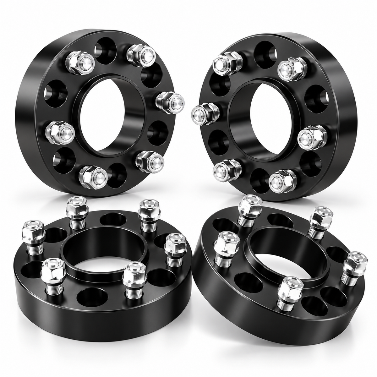 Vypart 4-piece black 6x135 wheel spacer set with M14x1.5 studs and lug nuts on a white background